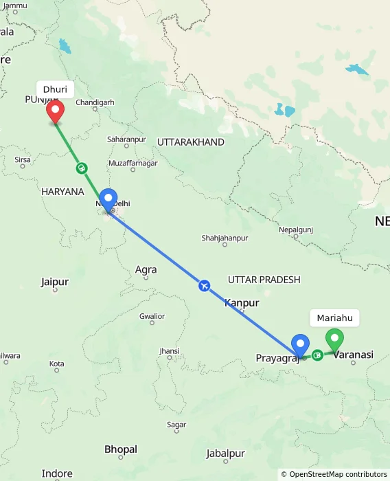 Route map showing distance and travel time from Mariahu, India to Dhuri, India
