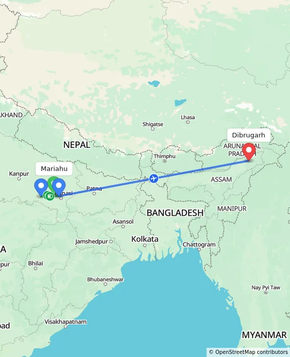 Route map showing distance and travel time from Mariahu, India to Dibrugarh, India
