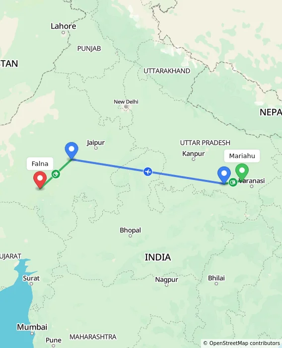 Route map showing distance and travel time from Mariahu, India to Falna, India