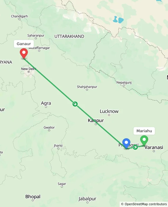 Route map showing distance and travel time from Mariahu, India to Ganaur, India