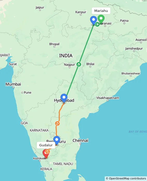 Route map showing distance and travel time from Mariahu, India to Gudalur, India