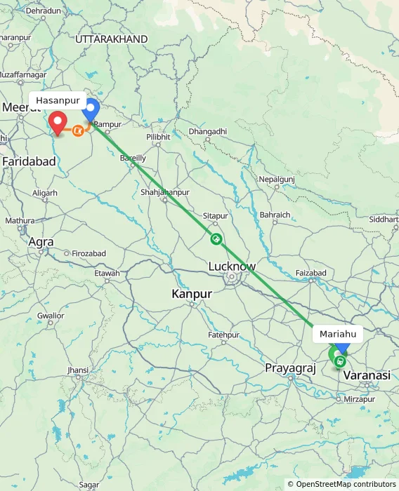 Route map showing distance and travel time from Mariahu, India to Hasanpur, India