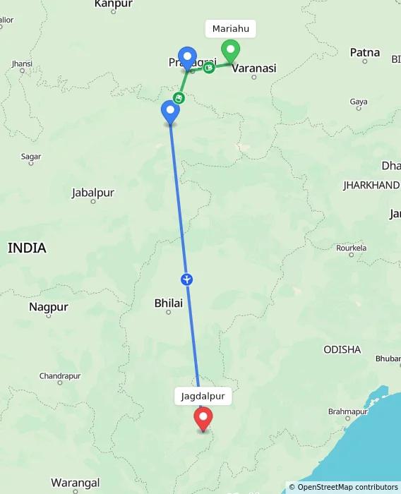 Route map showing distance and travel time from Mariahu, India to Jagdalpur, India