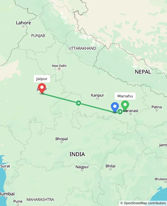 Route map showing distance and travel time from Mariahu, India to Jaipur, India