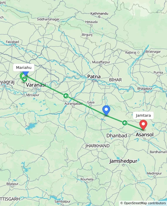 Route map showing distance and travel time from Mariahu, India to Jamtara, India