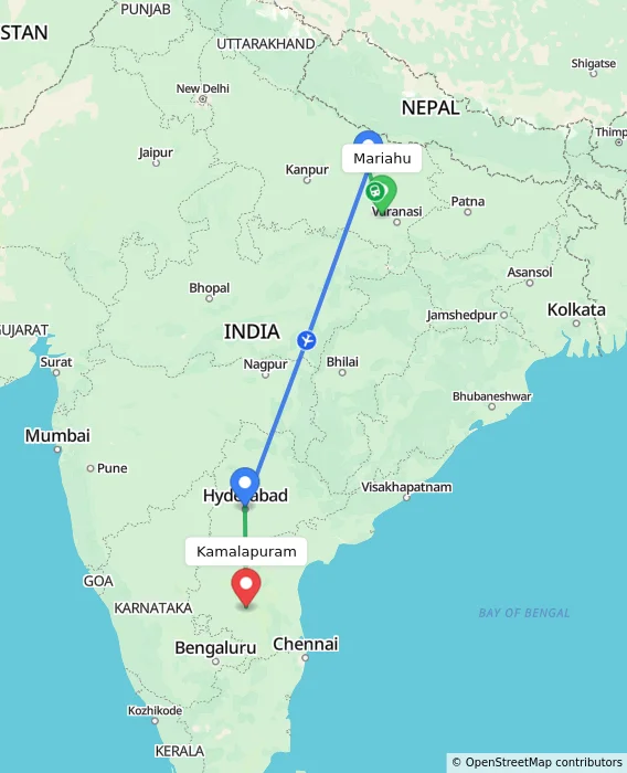 Route map showing distance and travel time from Mariahu, India to Kamalapuram, India