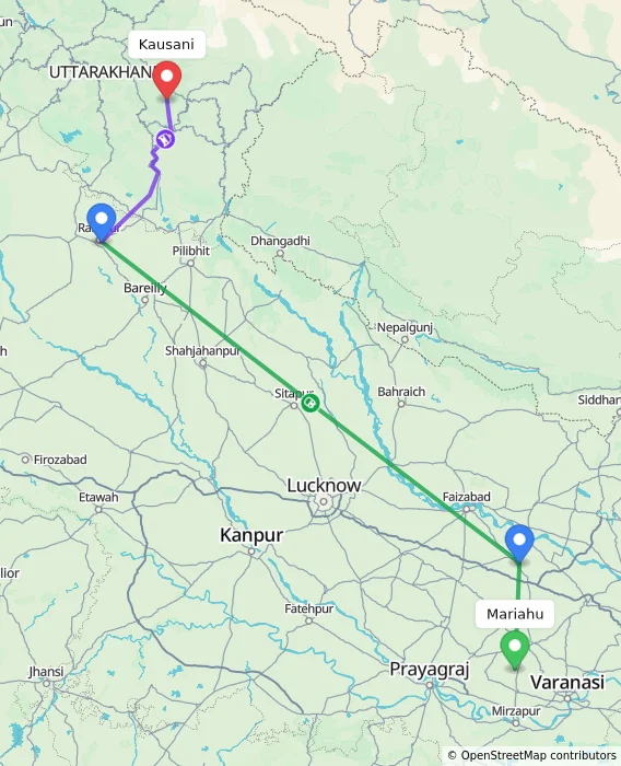 Route map showing distance and travel time from Mariahu, India to Kausani, India