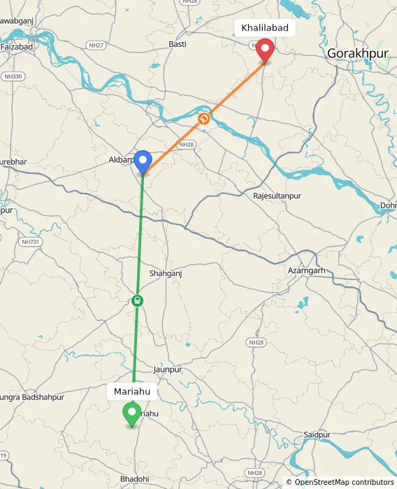 Route map showing distance and travel time from Mariahu, India to Khalilabad, India