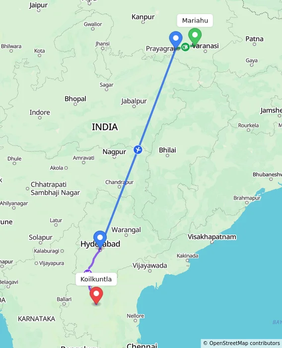 Route map showing distance and travel time from Mariahu, India to Koilkuntla, India