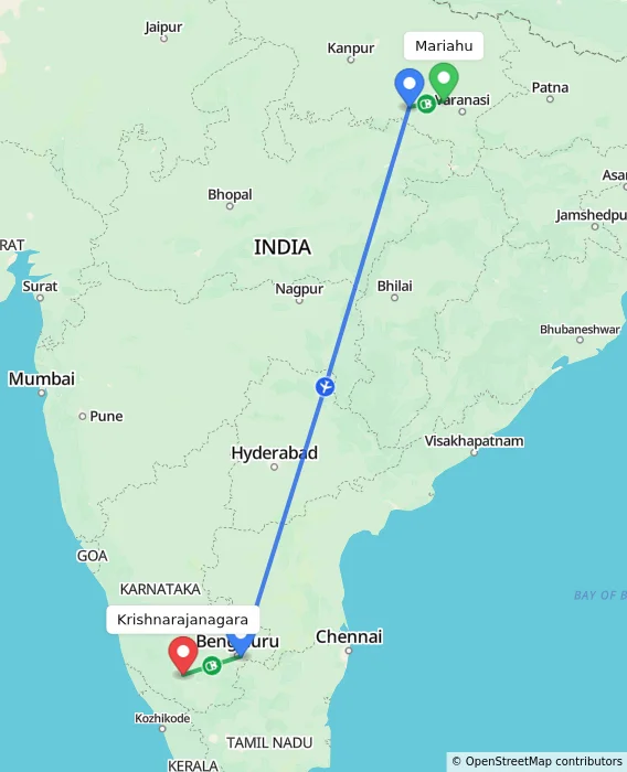 Route map showing distance and travel time from Mariahu, India to Krishnarajanagara, India