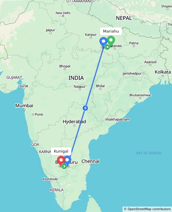 Route map showing distance and travel time from Mariahu, India to Kunigal, India