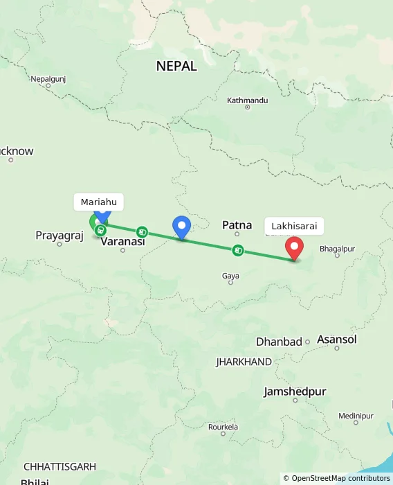 Route map showing distance and travel time from Mariahu, India to Lakhisarai, India