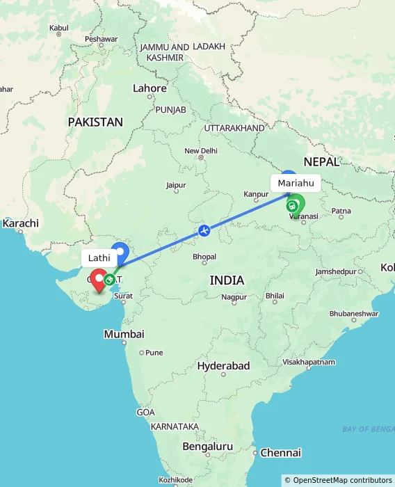 Route map showing distance and travel time from Mariahu, India to Lathi, India