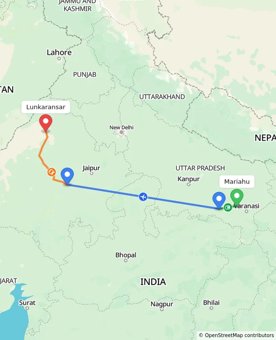 Route map showing distance and travel time from Mariahu, India to Lunkaransar, India
