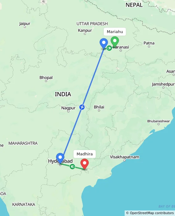 Route map showing distance and travel time from Mariahu, India to Madhira, India
