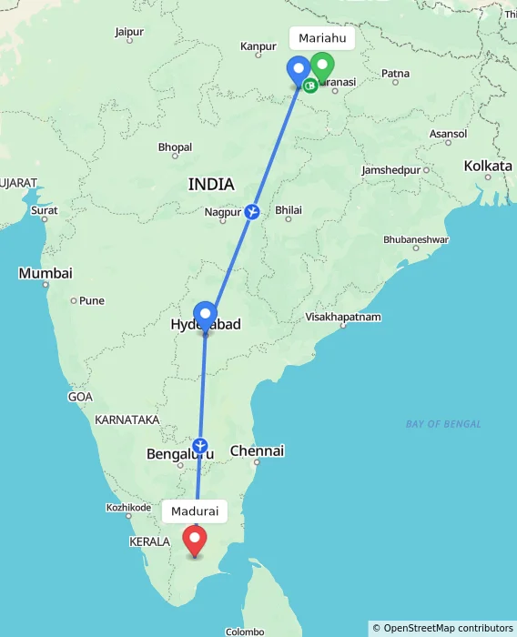 Route map showing distance and travel time from Mariahu, India to Madurai, India