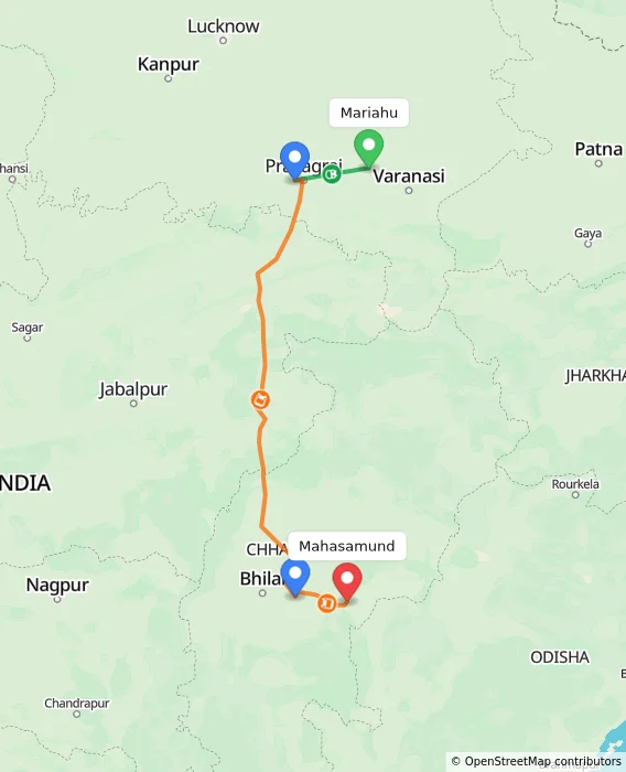 Route map showing distance and travel time from Mariahu, India to Mahasamund, India