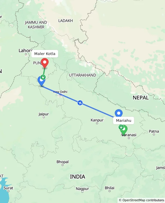Route map showing distance and travel time from Mariahu, India to Maler Kotla, India