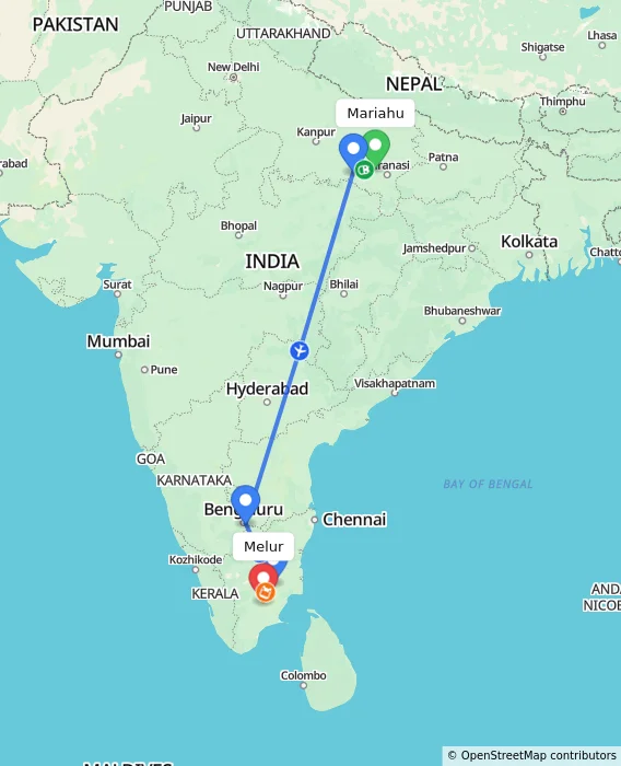 Route map showing distance and travel time from Mariahu, India to Melur, India