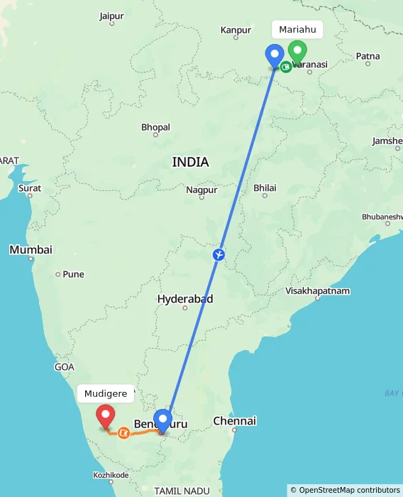 Route map showing distance and travel time from Mariahu, India to Mudigere, India