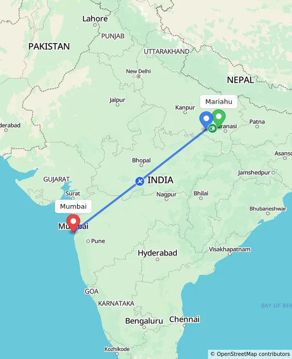 Route map showing distance and travel time from Mariahu, India to Mumbai, India