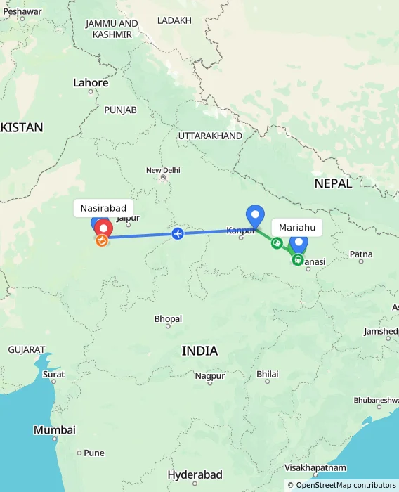 Route map showing distance and travel time from Mariahu, India to Nasirabad, India