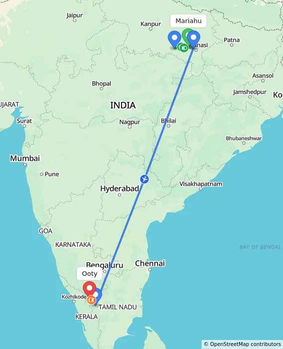 Route map showing distance and travel time from Mariahu, India to Ooty, India