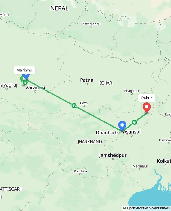 Route map showing distance and travel time from Mariahu, India to Pakur, India