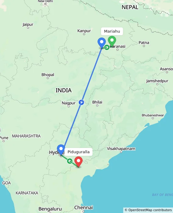 Route map showing distance and travel time from Mariahu, India to Piduguralla, India