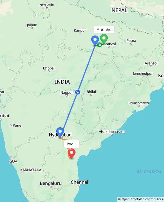 Route map showing distance and travel time from Mariahu, India to Podili, India