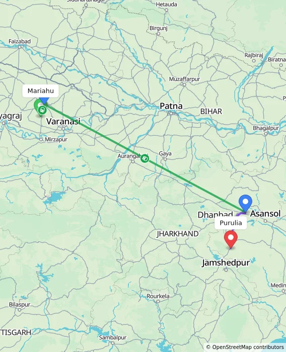 Route map showing distance and travel time from Mariahu, India to Purulia, India