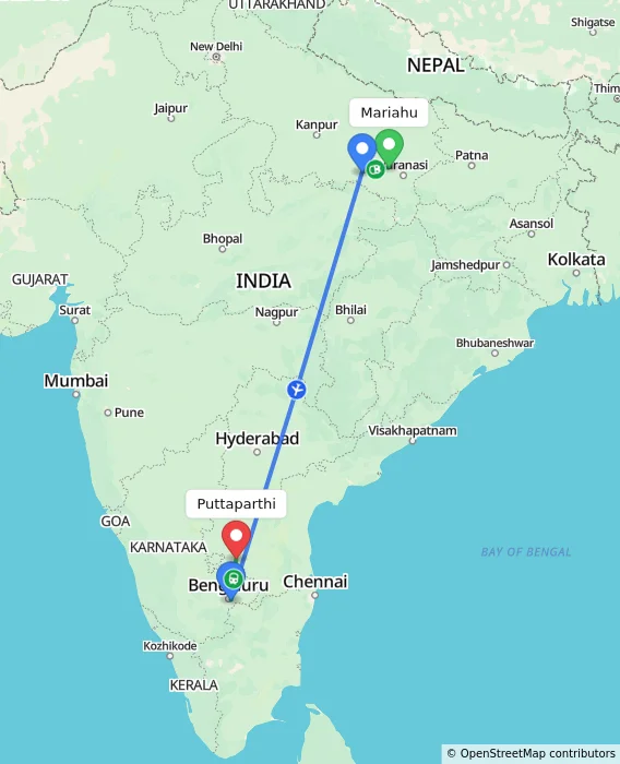 Route map showing distance and travel time from Mariahu, India to Puttaparthi, India