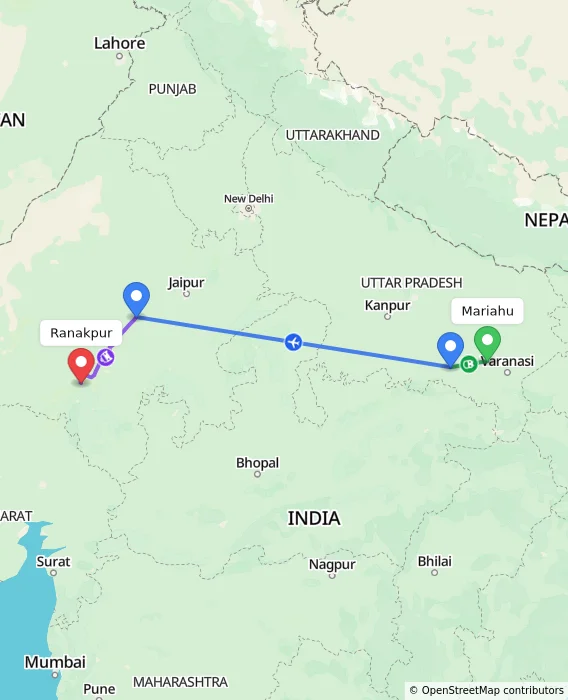Route map showing distance and travel time from Mariahu, India to Ranakpur, India