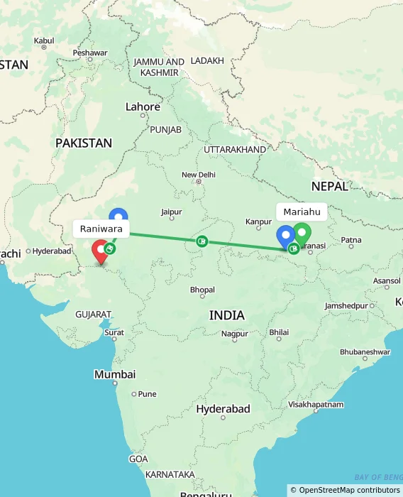 Route map showing distance and travel time from Mariahu, India to Raniwara, India