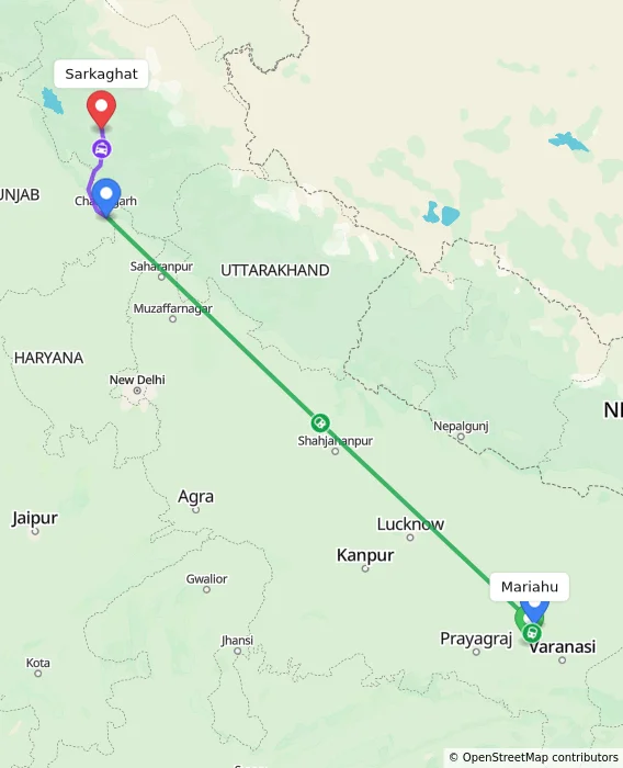 Route map showing distance and travel time from Mariahu, India to Sarkaghat, India
