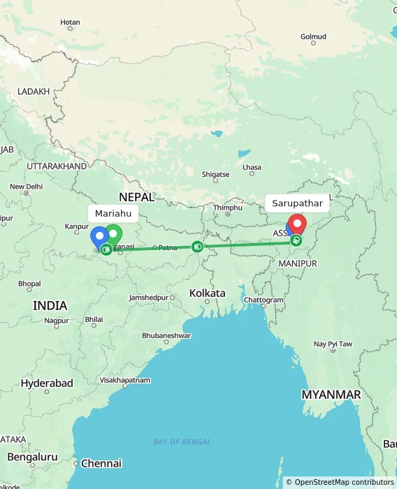 Route map showing distance and travel time from Mariahu, India to Sarupathar, India