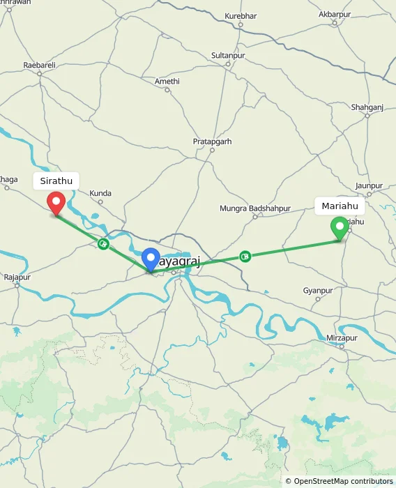 Route map showing distance and travel time from Mariahu, India to Sirathu, India