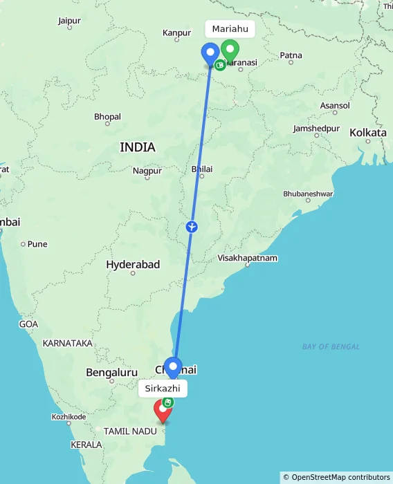 Route map showing distance and travel time from Mariahu, India to Sirkazhi, India