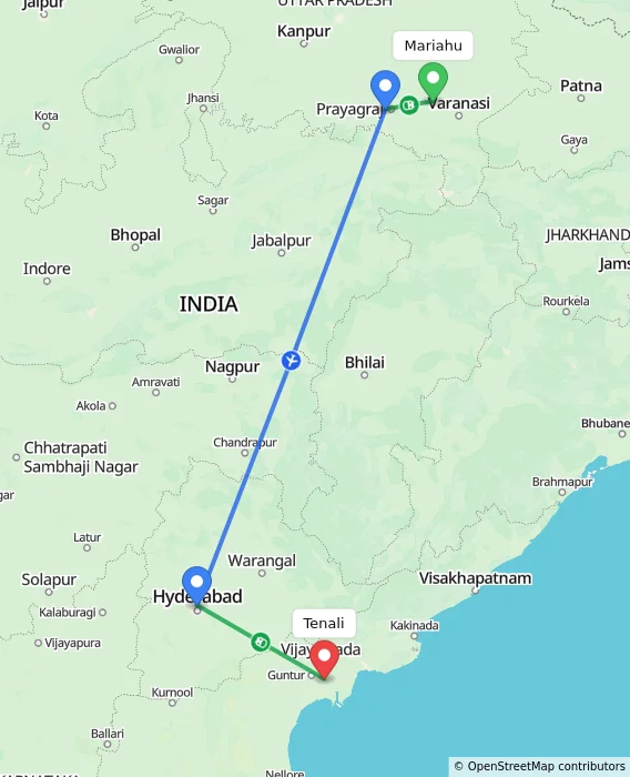 Route map showing distance and travel time from Mariahu, India to Tenali, India
