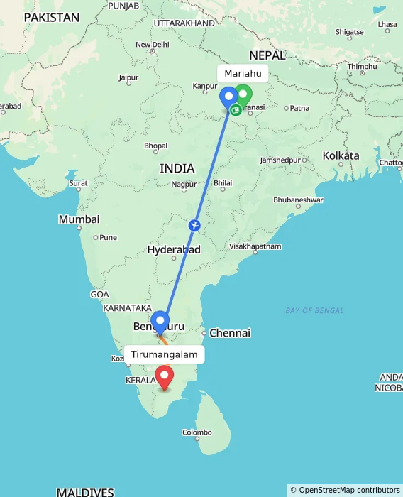 Route map showing distance and travel time from Mariahu, India to Tirumangalam, India