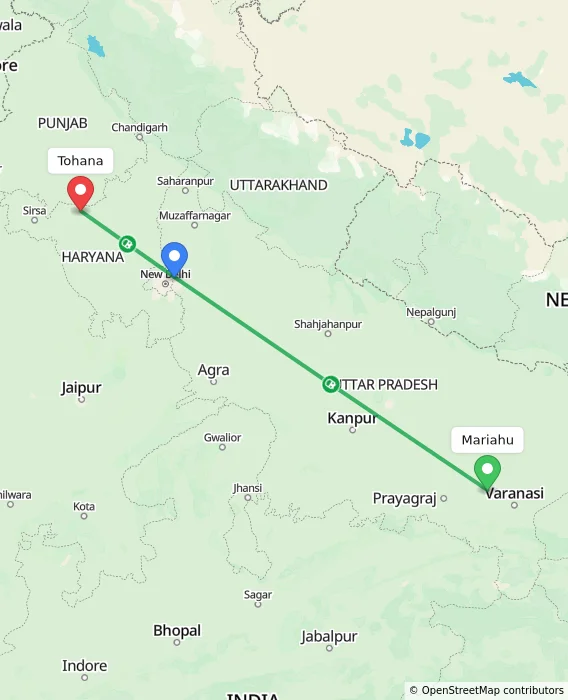Route map showing distance and travel time from Mariahu, India to Tohana, India