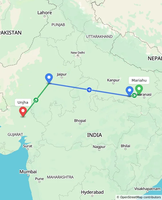 Route map showing distance and travel time from Mariahu, India to Unjha, India