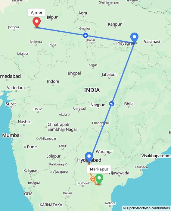 Route map showing distance and travel time from Markapur, India to Ajmer, India