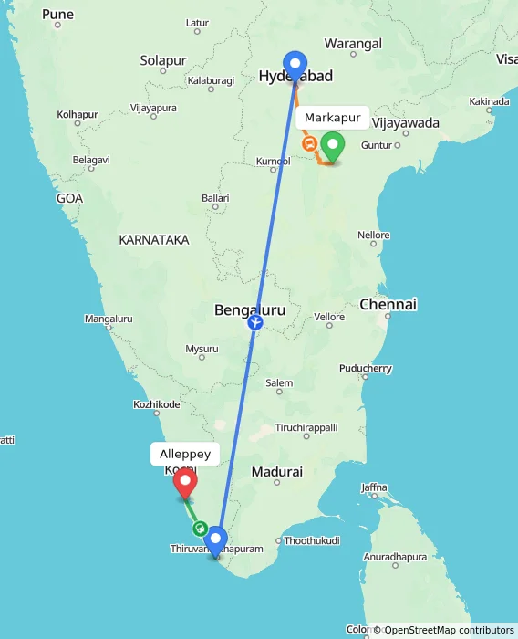 Route map showing distance and travel time from Markapur, India to Alappuzha, India