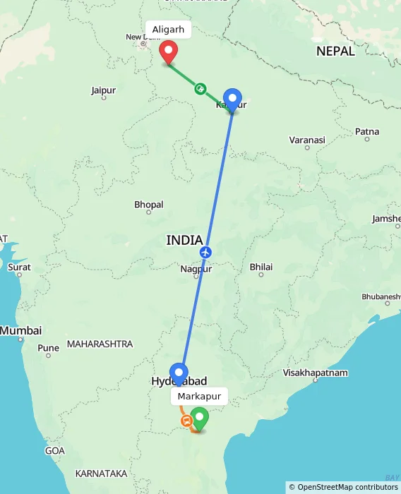 Route map showing distance and travel time from Markapur, India to Aligarh, India