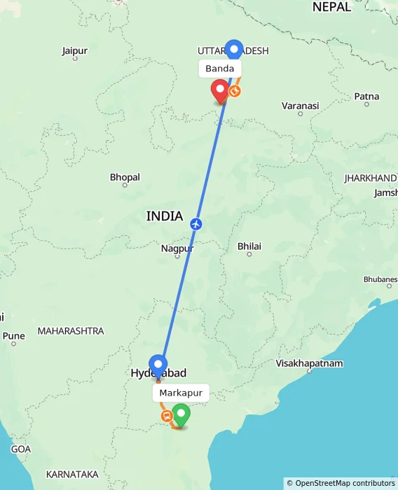 Route map showing distance and travel time from Markapur, India to Banda, India