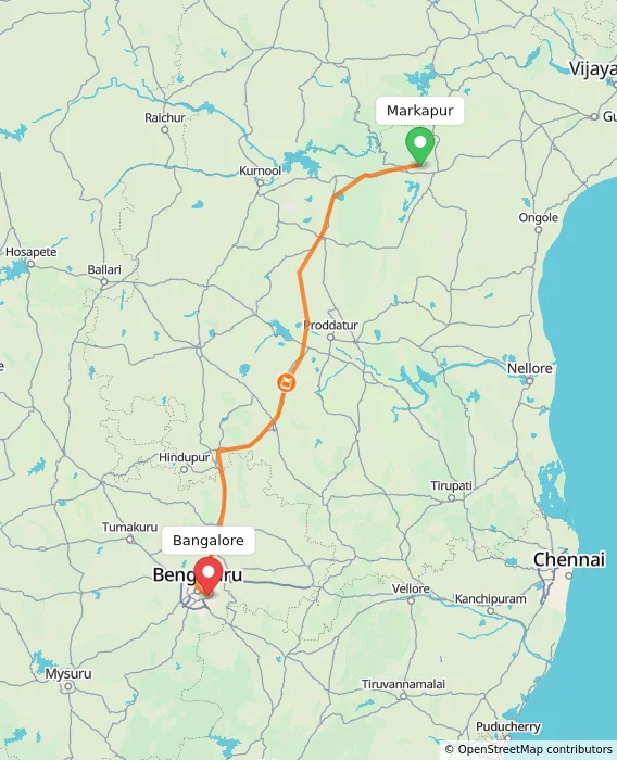 Route map showing distance and travel time from Markapur, India to Bangalore, India