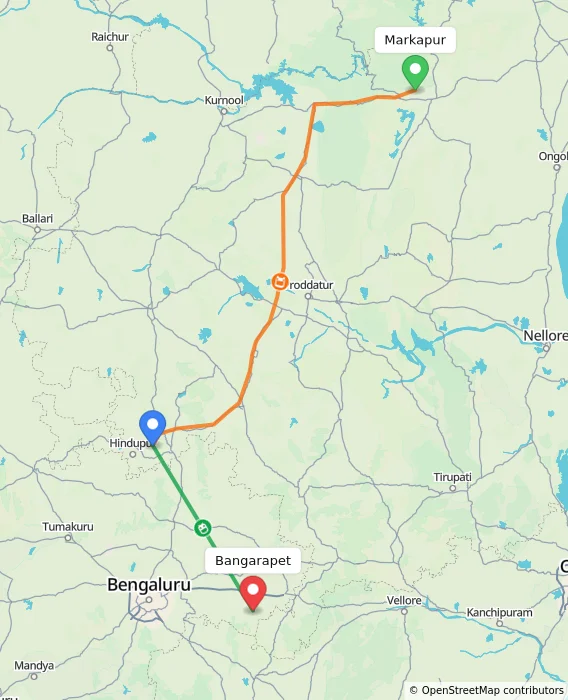 Route map showing distance and travel time from Markapur, India to Bangarapet, India