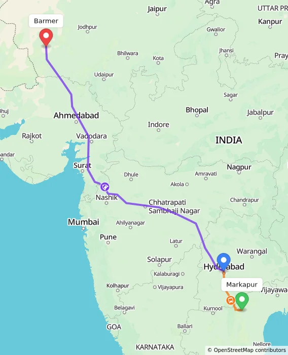 Route map showing distance and travel time from Markapur, India to Barmer, India