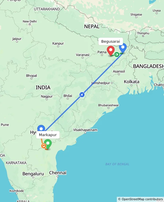 Route map showing distance and travel time from Markapur, India to Begusarai, India